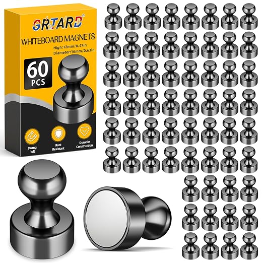 60 Pack Magnets for Whiteboard, Black Magnetic Push Pins | Whiteboard Magnets, Fridge Magnets, Small and Strong Push Pin Magnet, Sticky Note Holder for Office, School, Refrigerator