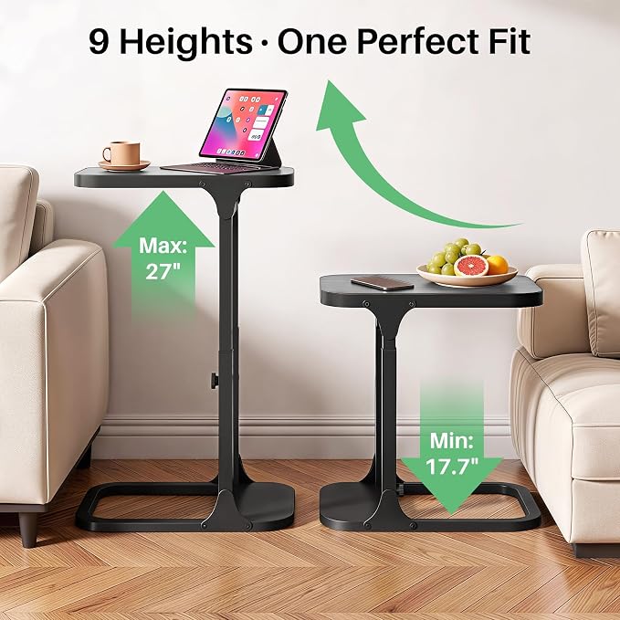 Kitstorack Height Adjustable End Table, Small Side Table for Couch, Sofa Table with Metal Frame for Living Room, Bedroom, Bedside C Shaped Table,Gray