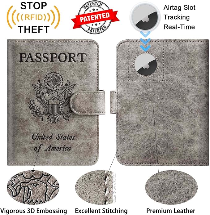 Airtag Passport Holder Cover Wallet RFID Blocking Leather Case Travel Essentials Luggage Accessories Travel Must Have(118#Grey)