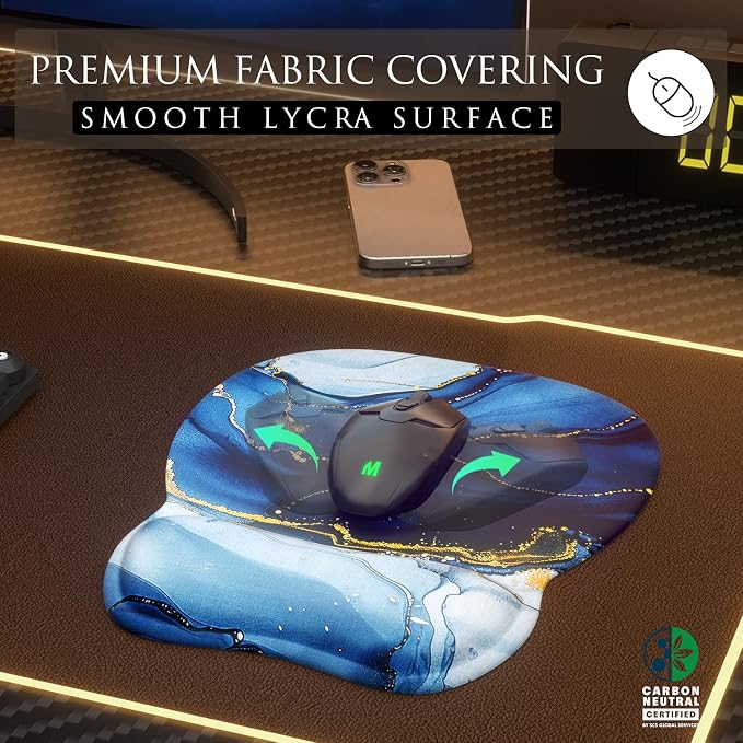 MROCO Ergonomic Mouse Pad with Gel Wrist Rest, 9.4 x 8.1 in, Blue Marble | Ergonomic Shape Design, Multiple Pattern Options, Gel Wrist Comfort, Smooth Lycra Surface, Non-Slip PU Base