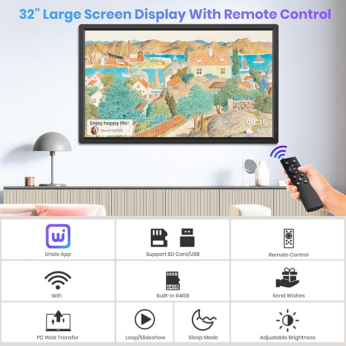 64GB 32" Large Digital Picture Frame, Uhale WiFi Electronic Photo Frames with 1920 x 1080 FHD IPS Screen, Support Auto-Rotate Wall Mounted SD&USB Card, Share Photos/Videos from Phone Instantly
