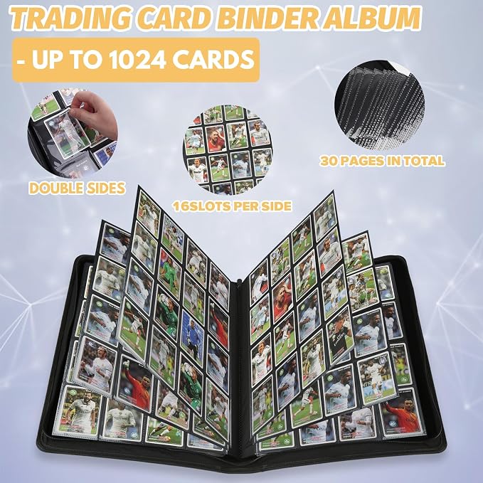 16 Pocket Ringless Side Loading Trading Card Binder, 1024 Cards PU Fixed Page Zipper Card Album for TCG Sports Game Cards, Not Fit Top Loaders (Black)