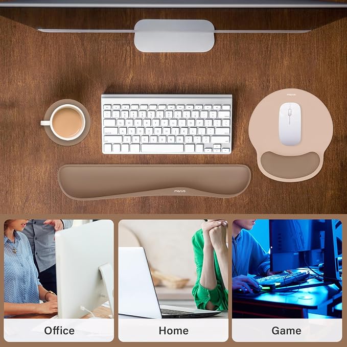 MOSISO Wrist Rest Support for Mouse Pad&Keyboard Set, Mocha | Streamline Ergonomic Mousepad&Coaster Non-Slip Base Home/Office Pain Relief&Easy Typing Pad with Soft Cloth&Silicone Lining