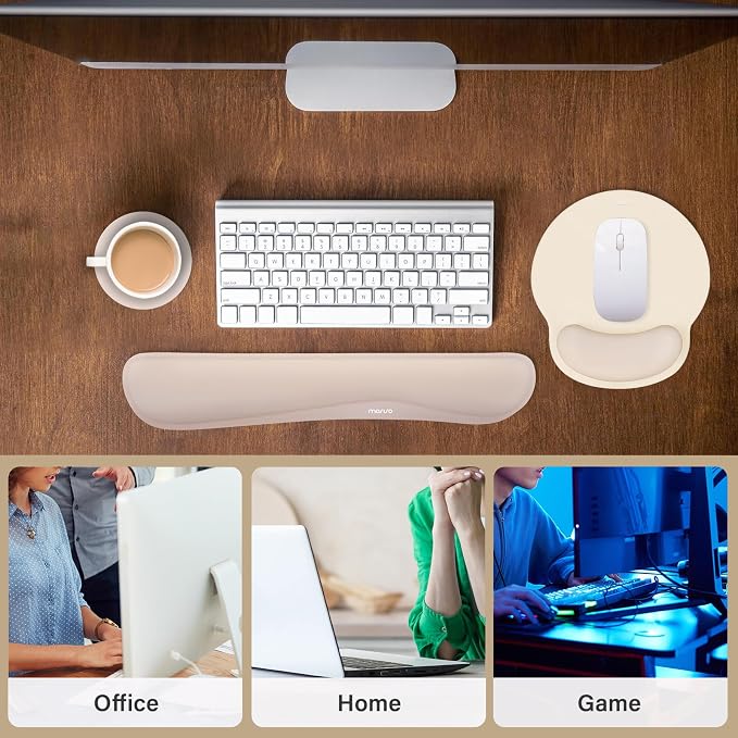 MOSISO Wrist Rest Support for Mouse Pad&Keyboard Set, Apricot | Streamline Ergonomic Mousepad&Coaster Non-Slip Base Home/Office Pain Relief&Easy Typing Pad with Soft Cloth&Silicone Lining