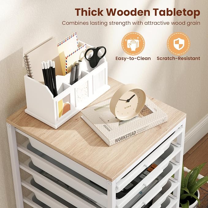 Giantex Rolling Storage Cart with 10 Drawers, Utility Cart w/Wooden Tabletop, Lockable Wheels, Multipurpose Organizer for Art Craft Books Paper, Drawer Carts for Dorm Classroom Office, White