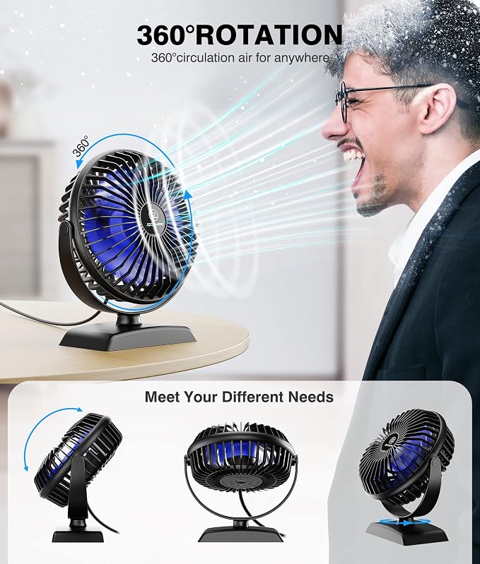 JZCreater USB Desk Fan, 360 Rotation Personal Cooling Fan with 3 Speeds, Quiet, Small, USB Powered for Home, Office, Bedroom, Car, Travel, Black