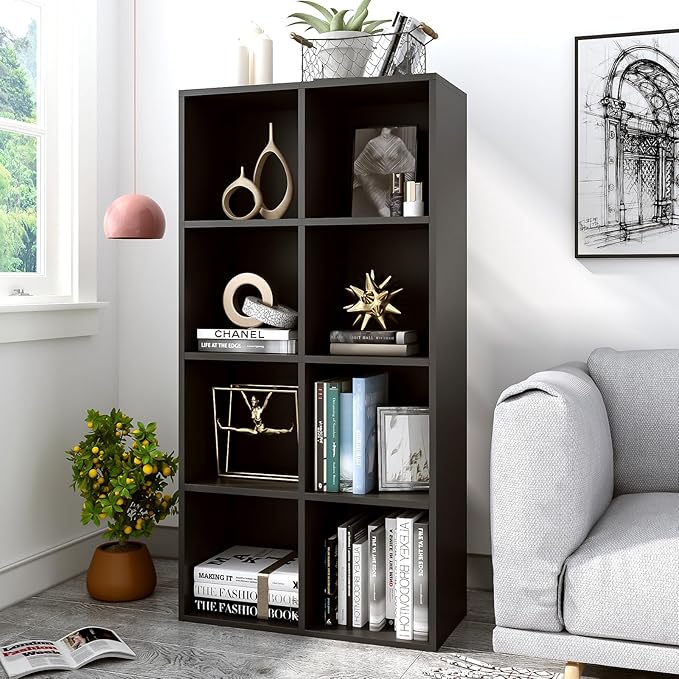 OSCHF 8-Cube Storage Shelf Bookcase - Wooden 4-Tier Floor Standing Open Bookshelf, Modern TV Stand up to 55 Inchs for Home and Office, Black