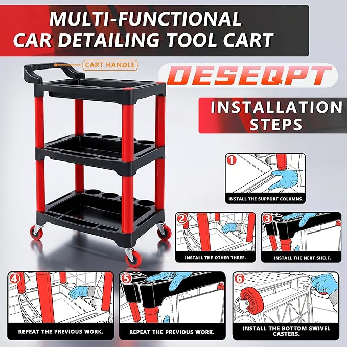 Auto Detailing Cart with Wheels, 3 Tier Rolling Detail Cart | Car Wash Organizer for Detailers Garage, Workshop, Repair Shop, Storage Tool
