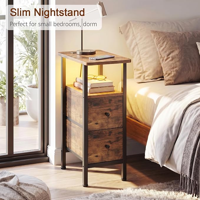 Narrow End Table with Charging Station, Small Nightstand | Skinny Side Tables Living Room with 2 Fabric Drawers, Slim Bedside Table with LED Lights for Bedroom, Small Spaces, Brown