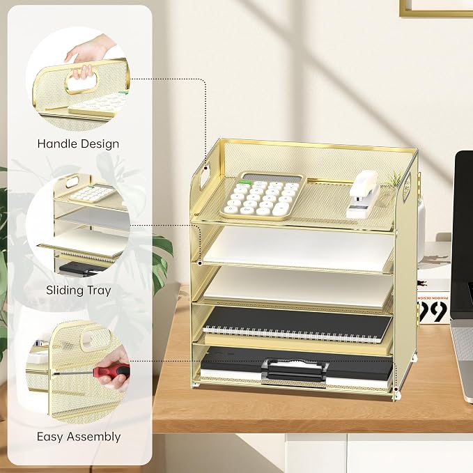 5 Trays Paper Organizer Letter Tray with Handle-Mesh Desk File Organizer, Paper Sorter Desk Organizer for Office, Home or School (Golden)