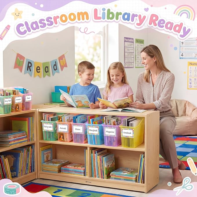 Blosssound 6 Set Book Bins for Classroom Stackable,Translucent Pastel | Plastic Baskets with Labels, Slanted Front, Library Supplies Organizers, Desktop Storage Bins, Teachers Home School Use