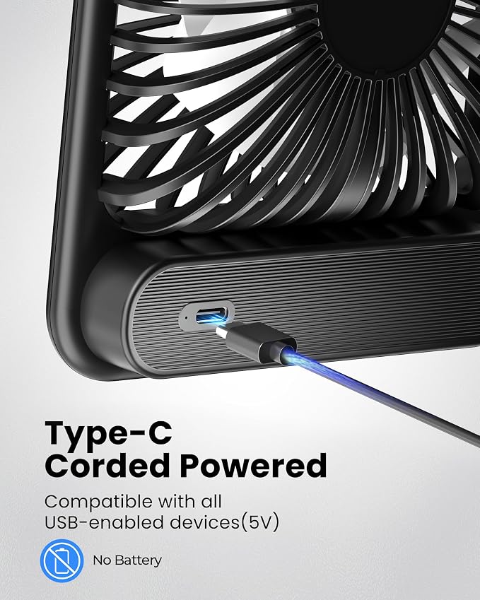 Koonie USB Desk Fan, Strong Wind Ultra Quiet Small Mini Fan | 180° Tilt Folding & 3 Speeds Adjustable, USB-C Corded Powered Personal Fan for Office Desktop Bedroom, Black, NO BATTERY