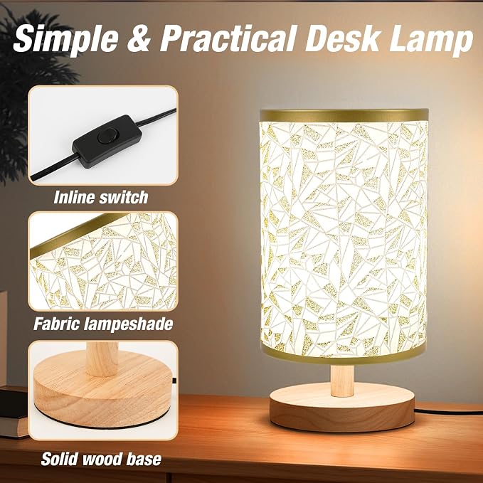 Desk Lamp LED Bulb Included, Small Bedside Table Lamp Plug-in - Classic Wood Base with Flaxen Fabric Shade, Lamps for Night Stands, Simple Nightstand Light for Bedroom, Office, Desk