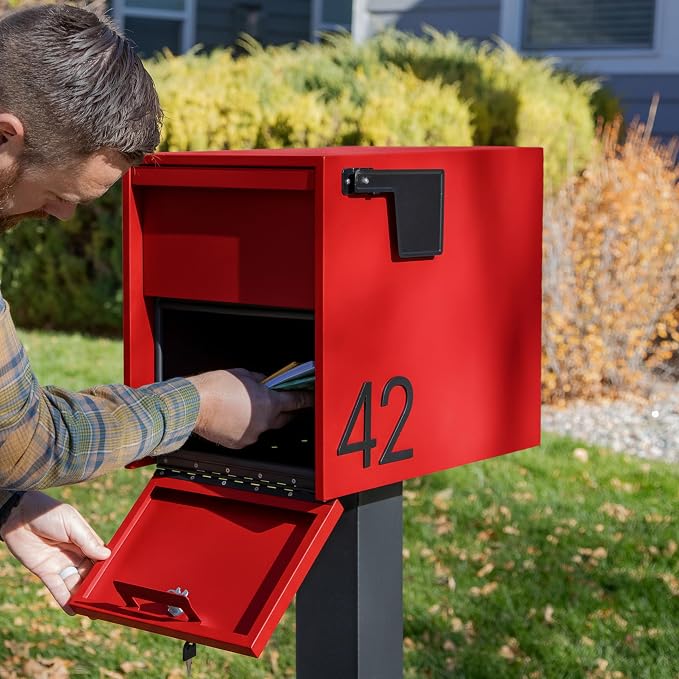 Adoorn Lockable Post Mount Mailboxes for Outside - Large Anti-Theft Locking Mailbox for Packages and Letters - Weatherproof Construction - Durable Steel - 15.5" H x 12" W x 18.5" D - Red