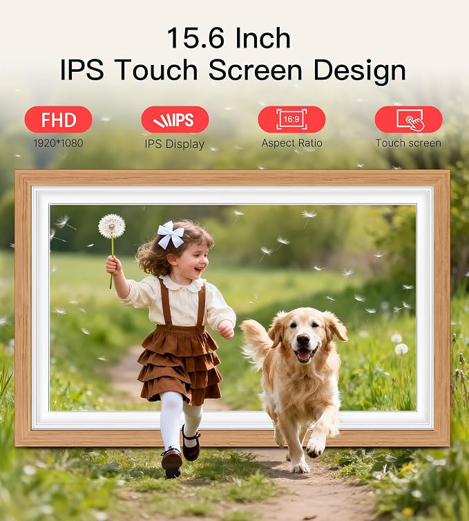 64GB Frameo 15.6" Digital Picture Frame Large 1920 x 1080 IPS FHD Touch Screen WiFi Electronic Photo Frames Share Moments Instantly Anywhere Best Gifts for Parents and Grandparents Natural Wood
