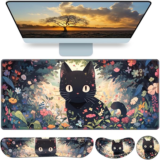 4-in-1 Mouse Pad Anime, Mouse Pad with Wrist Rest, | XXL Large Desk Mat Kawaii Mousepad with Gel Wrist Support Keyboard Wrists Rest Coaster, Ergonomic Gaming Cat Desk Pad
