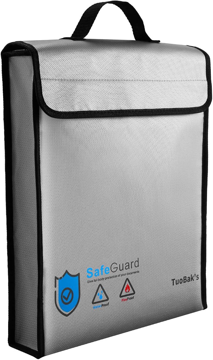 TuoBak's Fireproof Waterproof Document Bag with Zipper,Heat Insulated Upgraded Fireproof Document Bag 15.8”x 12.6”×2.5” for Important Document Storage Organizer for Valuables, Legal Documents Safe