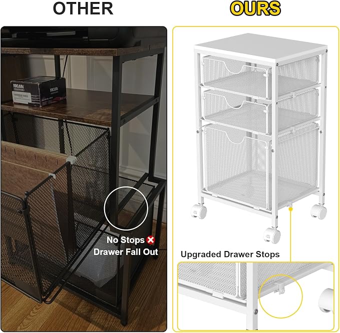 BOHDK Rolling File Cart with 3 Storage Drawers, Wood & Mesh Hanging File Folder Organizer with Wheels Under Desk, File Cabinets for Home Office, 11.81" D x 14.8" W x 25.39" H, White