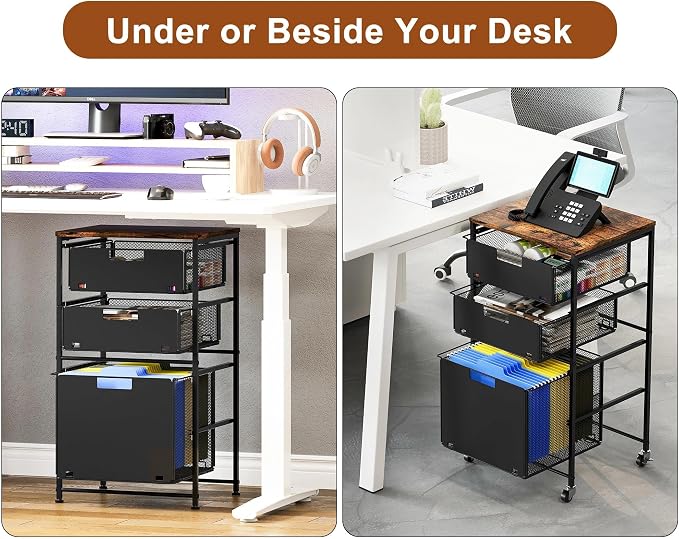 EasyPAG Rolling Storage Cart with 3 Drawers, Under Desk File Cabinet on Lockable Wheels, Movable Letter Size Hanging File Folder Organizer with Wooden Printer Stand for Home Office, Black