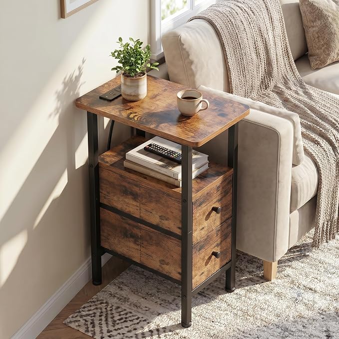 Narrow End Table with Charging Station, Small Nightstand | Skinny Side Tables Living Room with 2 Fabric Drawers, Slim Bedside Table for Bedroom, Small Spaces, Couch, Rustic Brown