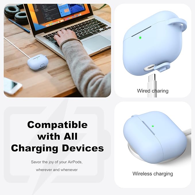R-fun for AirPods Pro 2 Case, Soft Silicone Protective Cover with Keychain and Cleaning Pen, Compatible with AirPods Pro 2nd/1st Generation, Supports Wireless Charging, Sky Blue