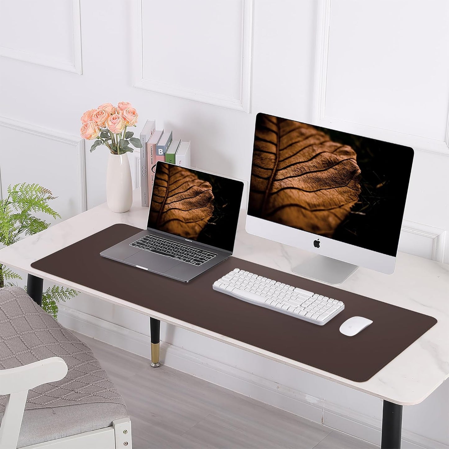 Leather Desk pad Protector, Large Desk mat with Natural Cork & PU Leather,Mouse pad,Non-Slip Office Desk Mat,Waterproof Desk Writing Pad for Office and Home (Coffee 31.5in*17in)