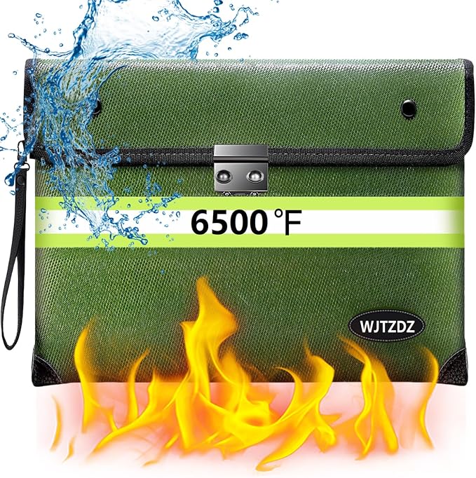 6500°F Fireproof Document Bag, Upgraded Fireproof/Waterproof Money Bag with Zipper/Reflective Strip,Storage Pouch for A4 Letter Size Document,Cash,Cell Phone,Passport