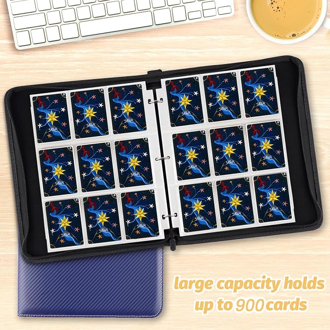 900 Pockets Round Ring Trading Card Binder, 9-Pocket Clear Zipper Card Album with Wrist Strap, Holds 900 Standard TCG & Sports Cards, Not Fit Top Loaders (Carbon Dark blue)
