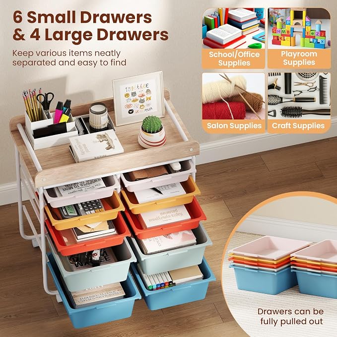 Giantex Rolling Storage Cart with 10 Drawers, Utility Cart w/Wooden Tabletop, Handle, Lockable Wheels, Multipurpose Organizer for Art Craft Scrapbooks Paper, Drawer Carts for School Office, Macaron