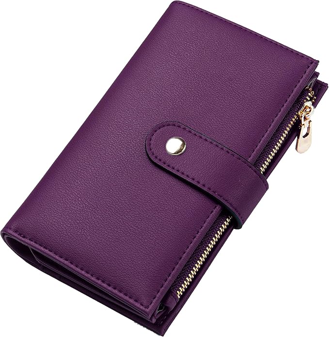 Womens Wallet RFID Blocking Vegan Leather Trifold Clutch Credit Card Holder Ladies Travel Wallet Purse with Passport/Pen Holder