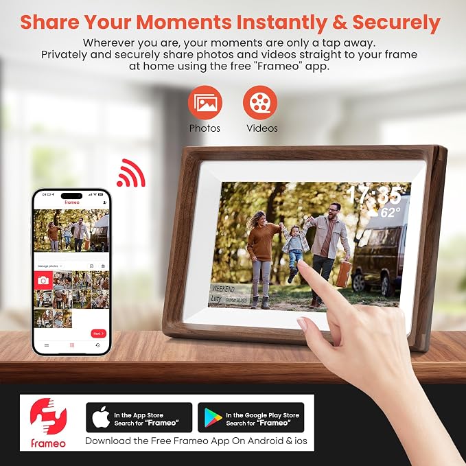 Frameo 10.1" Smart Digital Picture Frame with Walnut Moulding, 16:9 1280p HD IPS Touchscreen Display, 32GB Storage, MicroSD Slot, Plug-in Power, Easy Wireless Photo & Video Sharing, Idea