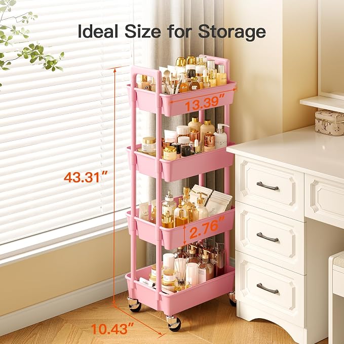 Pipishell 4 Tier Rolling Cart Organizer, Plastic Rolling Cart with Lockable Wheels & Reinforced Handle, Lightweight Utility Storage Cart for Nursery, Kitchen, Craft Room, Pink