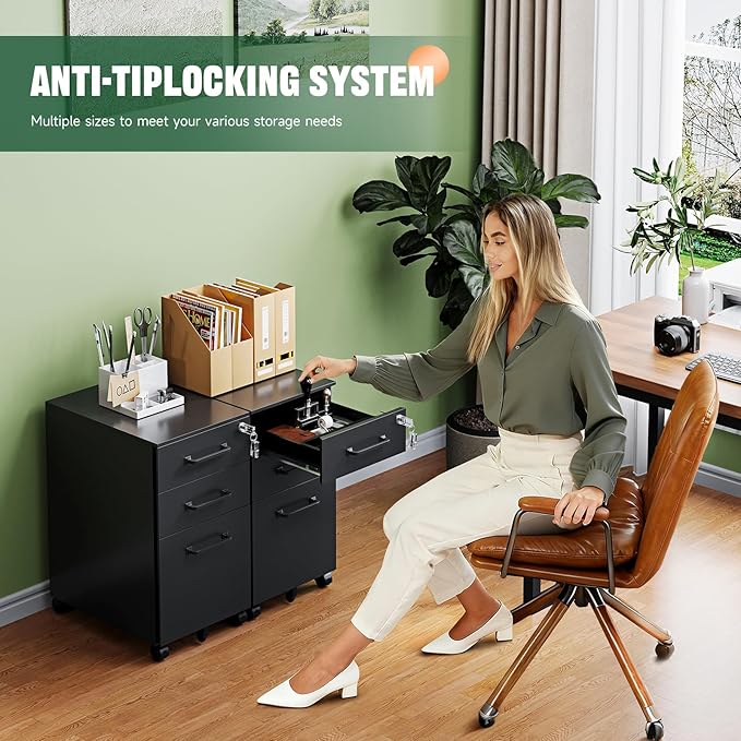 3 Drawer Mobile File Cabinet with Lock,Under Desk Metal Filing Cabinets for Home Office Organizer,Small Rolling Printer Stand with Wheels,for Letters/Legal/A4(Assembly Required) (Black)