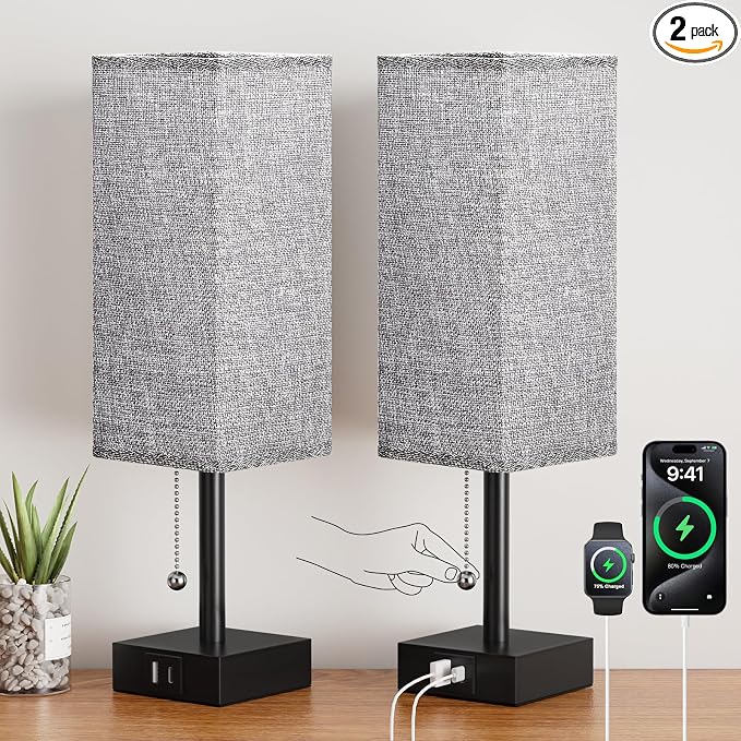 Set of 2 Grey Bedside Table Lamps for Bedroom - Nightstand Lamp, USB C+A | Pull Chain Lamp, 3 Color Modes(3000K/4000K/5000K), E26 LED Bulb Included, Square Grey Fabric Lampshade, for Read, Work, Dorm