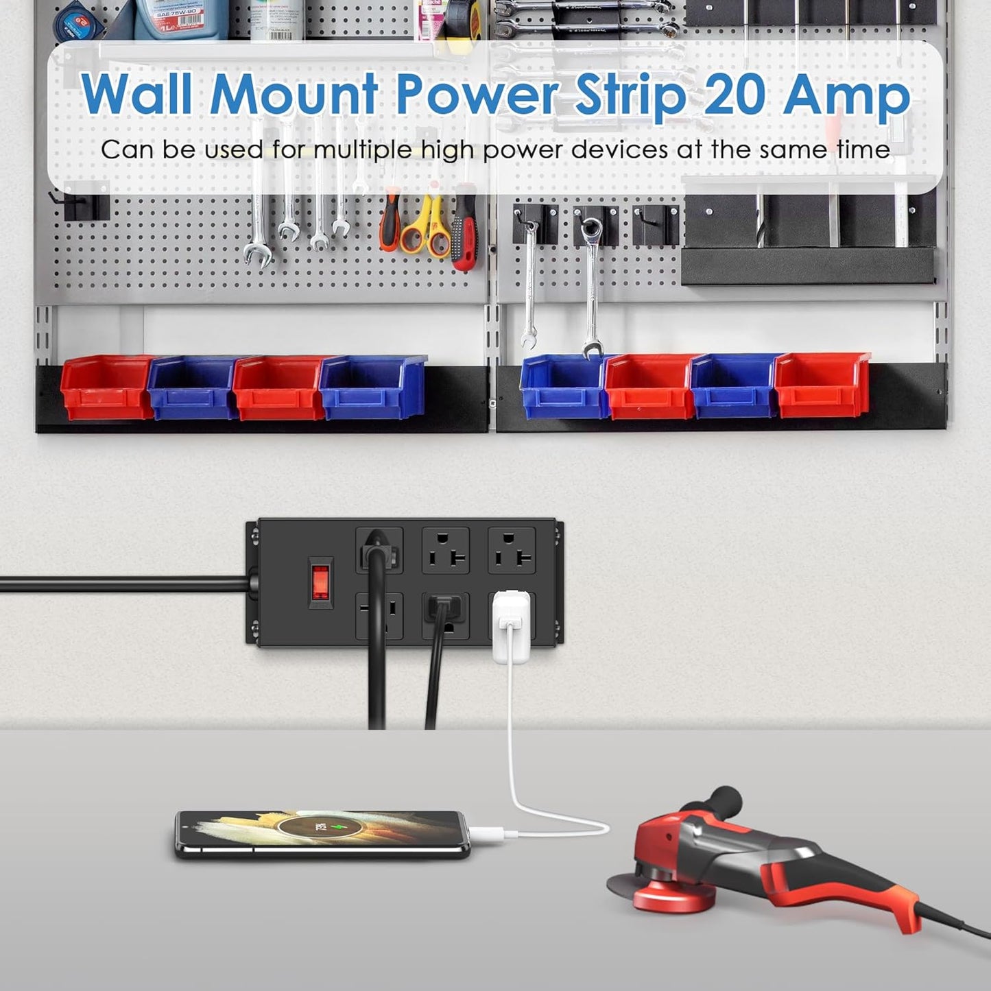 JUNNUJ Heavy Duty 20 Amp Power Strip, Garage 6 Outlets Metal 12 Gauge Surge Protector 3000J, High Amp 5-15P Adapter Shop 6-20R T-Slot Industrial (6AC, 4FT)