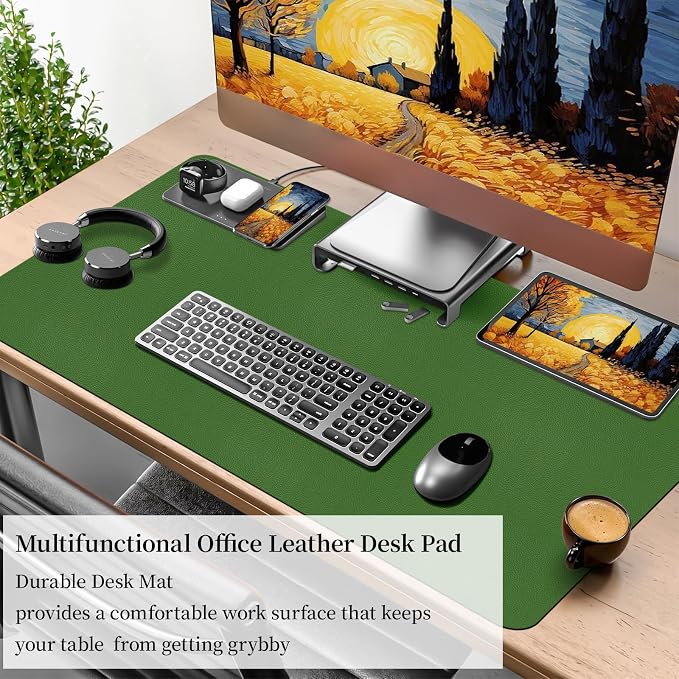 Leather Desk Pad Mat, Green Desk Mat, 31.5" x 15.7" | Non-slip and Waterproof Computer Mat, Large Desk Protector for Office/Home, Desk Accessories