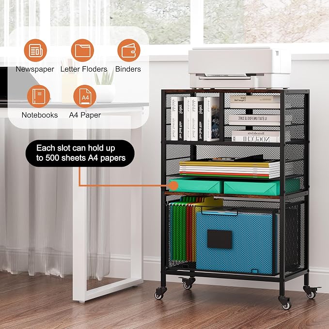 EasyPAG Rolling Cart with Storage Drawer, Under Desk Filling Cabinet with Mail Sorter, Pull Out Hanging File Rack for Letter Size Folders, Mobile Utility Craft Cart for Home Office, Black