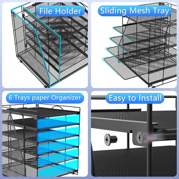 gianotter 6-Tier Paper Organizer With Magazine Holder | Desk Organizers and Accessories, File Organizer for Office Supplies Storag (Black, 6-Tier)