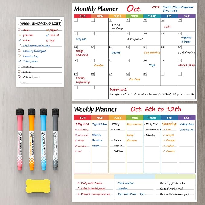 Dry Erase Magnetic Calendar for Refrigerator, 3 Pack- Monthly & Weekly & Daily Planner Magnet Whiteboard for Fridge Wall Door - Shopping, Meal/Menu, to Do List, Family Schedule Planning Board (C)