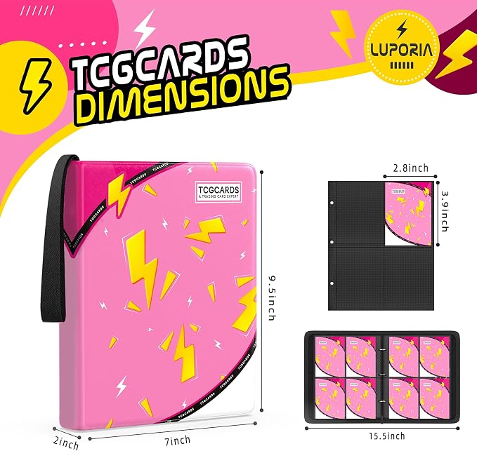 Trading Card Binder 4 Pocket,400 Pocket Card Collection Binder with 50 Removable Sleeves,PU Waterproof Top Card Book,3-Ring Zipper Collectible Trading Card Album for MTG/TCG/Card Holder Gift（Pink）