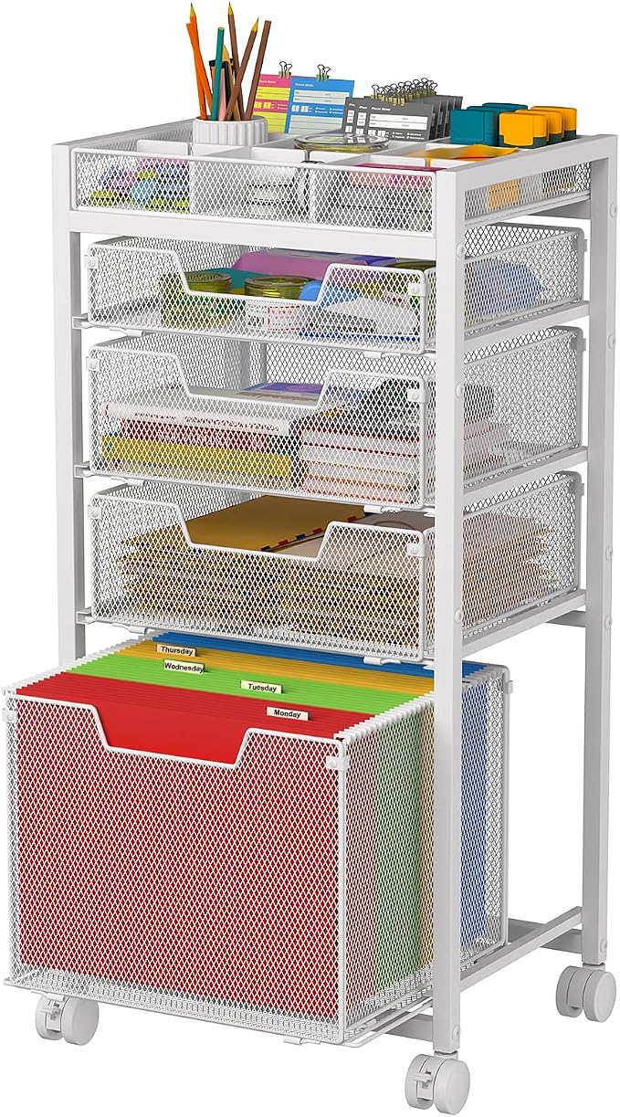 Rolling File Cart with 4 Storage Drawers, Under Desk Filing Cabinet with DIY Divider, Hanging File Folder Organizer on Wheels, Fits A4/Letter Size, Metal Utility Cart for Home Office, White