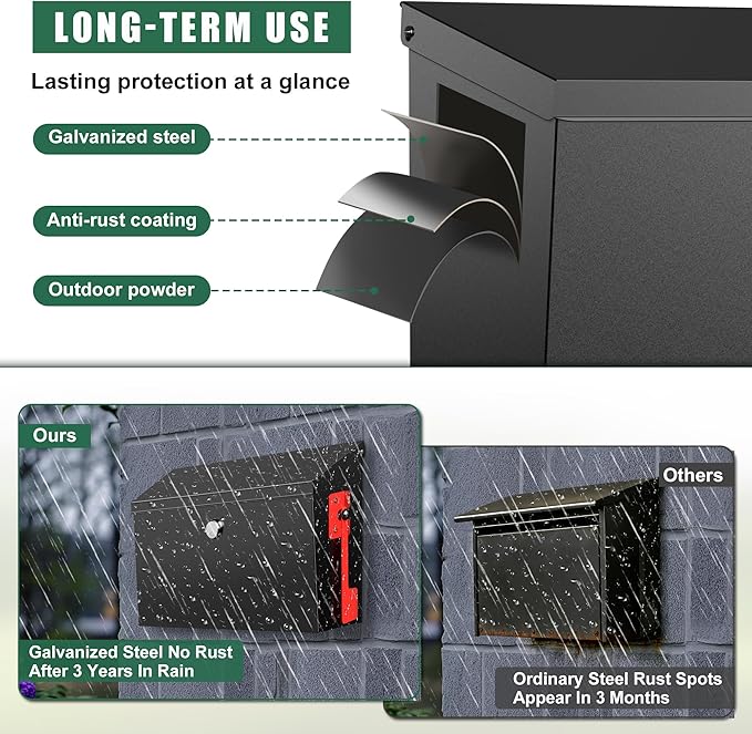Large Wall Mount Mailbox for Outside with Flag, 15.9''x9.6''x5.2'' Locking Mailbox Wall Mounted, Galvanized Steel Rustproof Metal Mailbox, Modern Mail Box for House Outside, Black