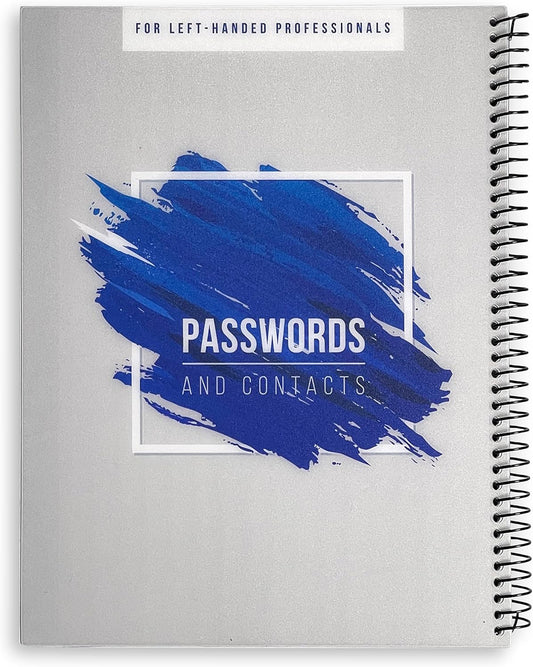 RE-FOCUS THE CREATIVE OFFICE, Left-Handed Password Keeper Book, Spiral with Alphabetical Tabs. Passwords, Usernames and Contacts. Blue, Durable and lasts. Perfect for Lefties (Blue)