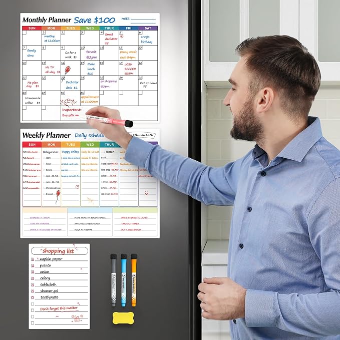 Dry Erase Magnetic Calendar for Refrigerator, 3 Pack- Monthly & Weekly & Daily Planner Magnet Whiteboard for Fridge Wall Door - Shopping, Meal/Menu, to Do List, Family Schedule Planning Board (C)