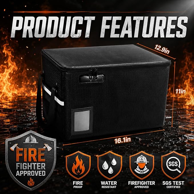 File Box with Lock 5200°F with Heat Insulated, Large Fireproof Box File Storage Organizer Anti-Static,Collapsible Fireproof Document Filing Box with Handle,Portable Home Office Safe