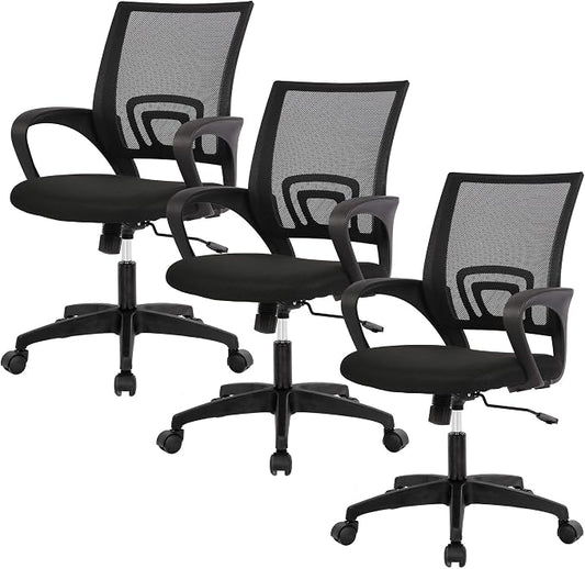 BestOffice | Ergonomic Office Chair | Mid-Back Swivel Desk Chair | Breathable Backrest & Lumbar Support | Adjustable Height | Sponge Seat | Rolling Wheels | Dark Black | for Adults & Women
