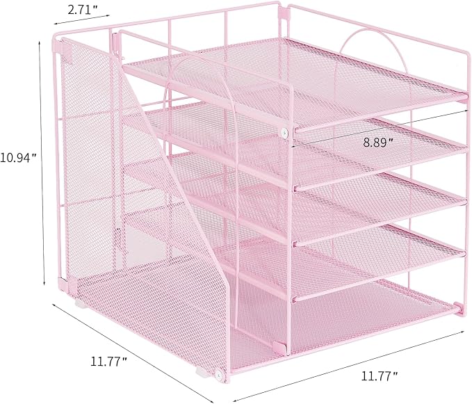 LEKETREE Desk Organizers and Accessories, 5-Tier Paper Letter Tray Organizer with File Holder, Desktop Organizer for Office Supplies (Pink)