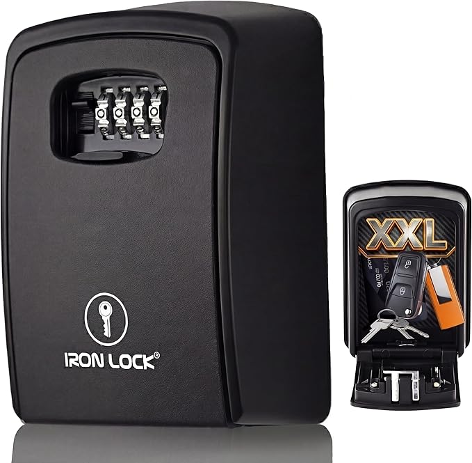 Iron Lock® XXL Wall Mount Key Lock Box, Outdoor Combination Code (Black) | Fits 20-30 spares plus fobs & cards; unique built-in tray so keys don't fall out; dial cover; screws & anchors included