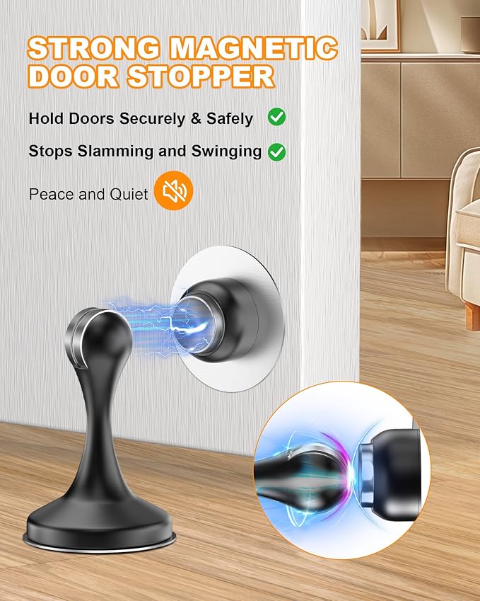Crosize Magnetic Door Stoppers 8 Pack, Stainless Steel Door Stops for Wall and Floor Mounting, Door Holder Keep Door Open, No Drilling Door Stop with 3D Adhesive Tapes, Black