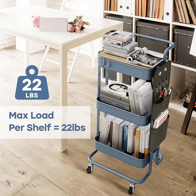 DTK 3-Tier Rolling Cart with Table Top, Metal Utility Cart with Side Bags | Tray Storage Organizer, Lockable Wheels, 4 Hooks, Art Cart for Kitchen, Bathroom, Office, Craft room, Living room, Blue